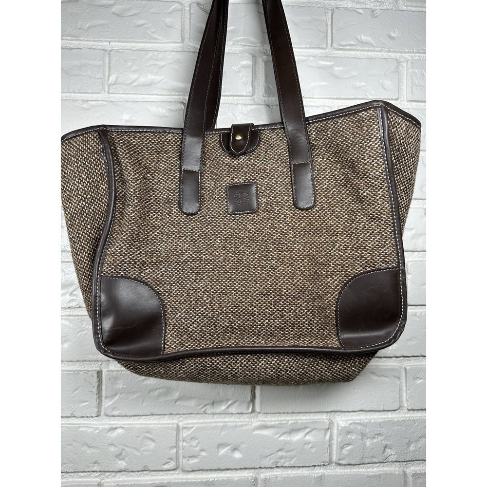 IZOD Brown Tweed Tote Bag Faux Leather Trim‎ Large Shoulder Bag - Picture 7 of 10